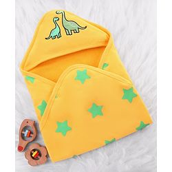 Babyhug Cotton Terry Knit Hooded Towel with Star Print & Dino Embroidery L 73 x B 71 cm - Yellow