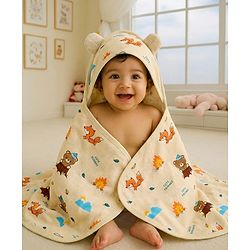 Babyhug Cotton Terry Knit Hooded Towel with Ear Applique & Animal Print L 75 x B 74 cm - Cream