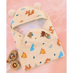 Babyhug Cotton Terry Knit Hooded Towel with Ear Applique & Animal Print L 75 x B 74 cm - Cream