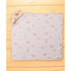 Babyhug Cotton Terry Knit Hooded Towel with Ear Applique & Animal Print L 75 x B 74 cm - Cream