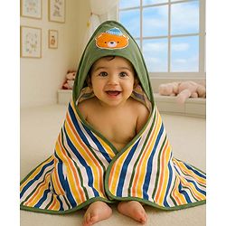 Babyhug Cotton Terry Knit Hooded Towel with Bear Patch Detailing & Stripes L 77 x B 75 cm - Green