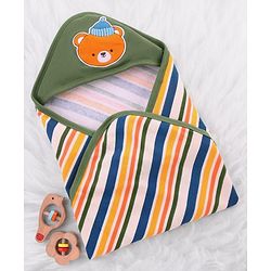 Babyhug Cotton Terry Knit Hooded Towel with Bear Patch Detailing & Stripes L 77 x B 75 cm - Green