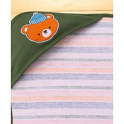 Babyhug Cotton Terry Knit Hooded Towel with Bear Patch Detailing & Stripes L 77 x B 75 cm - Green