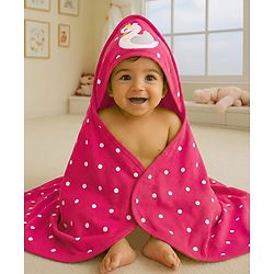 Babyhug Cotton Terry Knit Hooded Towel with Polka Dot Print & Duck Embroidery L 75 x B 73 cm - Dark Pink