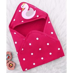 Babyhug Cotton Terry Knit Hooded Towel with Polka Dot Print & Duck Embroidery L 75 x B 73 cm - Dark Pink
