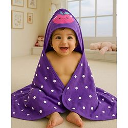 Babyhug Cotton Terry Knit Hooded Towel with Polka Dot Print & Apple Embroidery L 76 x B 68 cm - Purple