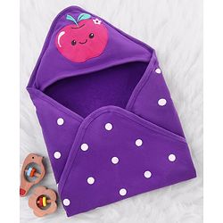 Babyhug Cotton Terry Knit Hooded Towel with Polka Dot Print & Apple Embroidery L 76 x B 68 cm - Purple