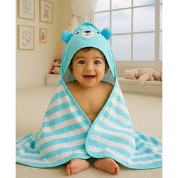 Babyhug Cotton Terry Knit Hooded Towel with Ear Applique Stripes & Embroidery L 75 x B 71 cm - Light Blue