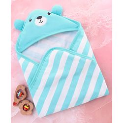 Babyhug Cotton Terry Knit Hooded Towel with Ear Applique Stripes & Embroidery L 75 x B 71 cm - Light Blue