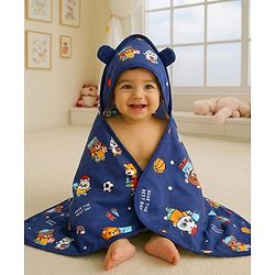 Babyhug Cotton Terry Knit Hooded Towel with Ear Applique & Animal Print L 75 x B 74 cm - Navy Blue