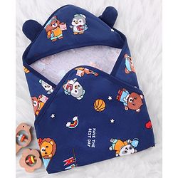 Babyhug Cotton Terry Knit Hooded Towel with Ear Applique & Animal Print L 75 x B 74 cm - Navy Blue