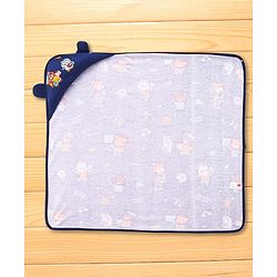 Babyhug Cotton Terry Knit Hooded Towel with Ear Applique & Animal Print L 75 x B 74 cm - Navy Blue