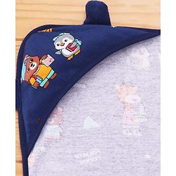 Babyhug Cotton Terry Knit Hooded Towel with Ear Applique & Animal Print L 75 x B 74 cm - Navy Blue