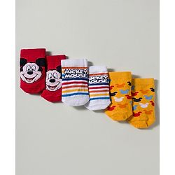 Cute Walk by Babyhug Disney Knit Ankle Length Antibacterial Socks with Mickey Mouse Graphic Pack of 3 - Red Yellow & White