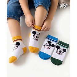 Cute Walk by Babyhug Disney Knit Ankle Length Antibacterial Socks with Mickey Mouse Graphic Pack of 3 - Blue Yellow & White