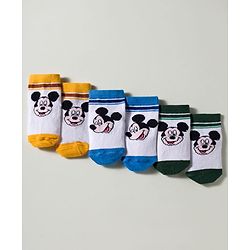 Cute Walk by Babyhug Disney Knit Ankle Length Antibacterial Socks with Mickey Mouse Graphic Pack of 3 - Blue Yellow & White