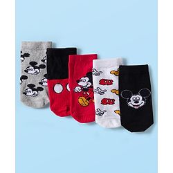 Cute Walk by Babyhug Disney Knit Ankle Length Antibacterial Socks with Mickey Mouse Graphic Pack of 5 - Red Black & White