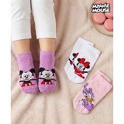 Cute Walk by Babyhug Disney Knit Ankle Length Antibacterial Socks with Minnie Mouse Graphic Pack of 3 - Pink Plum & White