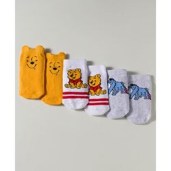 Cute Walk by Babyhug Disney Knit Ankle Length Antibacterial Socks with Winnie the Pooh Graphic Pack of 3 - White Yellow & Grey