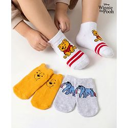Cute Walk by Babyhug Disney Knit Ankle Length Antibacterial Socks with Winnie the Pooh Graphic Pack of 3 - White Yellow & Grey