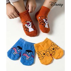 Cute Walk by Babyhug Disney Knit Ankle Length Antibacterial Socks with Winnie the Pooh Graphic Pack of 3 - Blue Yellow & Red