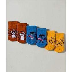 Cute Walk by Babyhug Disney Knit Ankle Length Antibacterial Socks with Winnie the Pooh Graphic Pack of 3 - Blue Yellow & Red