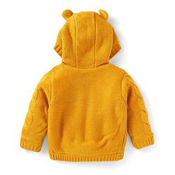 Babyhug Knit Full Sleeves Hooded Front Open Sweater with Cable Knit Design & Ear Applique - Mustard