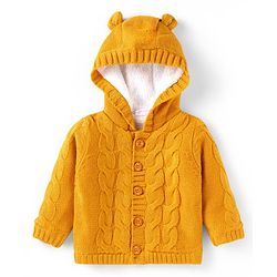 Babyhug Knit Full Sleeves Hooded Front Open Sweater with Cable Knit Design & Ear Applique - Mustard
