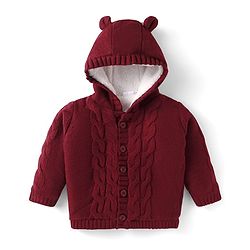 Babyhug Knit Full Sleeves Hooded Front Open Sweater with Cable Knit Design & Ear Applique - Maroon