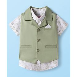 Babyhug Cotton Woven Half Sleeves Floral Printed Shirt & Shorts Set with Jacket - Light Green