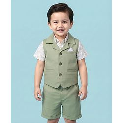 Babyhug Cotton Woven Half Sleeves Floral Printed Shirt & Shorts Set with Jacket - Light Green
