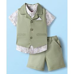 Babyhug Cotton Woven Half Sleeves Floral Printed Shirt & Shorts Set with Jacket - Light Green