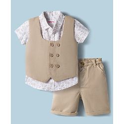 Babyhug Cotton Woven Half Sleeves Shirt & Shorts Set with Waistcoat & Leave Print - Tan & Beige