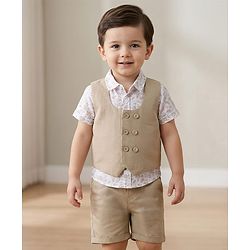 Babyhug Cotton Woven Half Sleeves Shirt & Shorts Set with Waistcoat & Leave Print - Tan & Beige