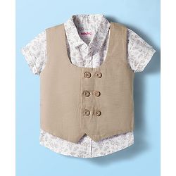 Babyhug Cotton Woven Half Sleeves Shirt & Shorts Set with Waistcoat & Leave Print - Tan & Beige