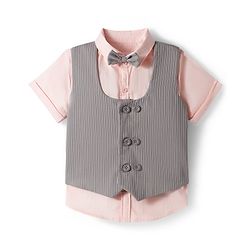 Babyhug Cotton Woven Half Sleeves Solid Color Shirt & Shorts Set with Waistcoat & Bow - Grey & Pink