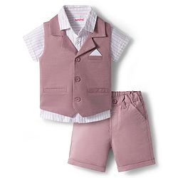 Babyhug Cotton Woven Half Sleeves Solid Color Front-Button Shirt Jacket & Shorts Set - Pink & White