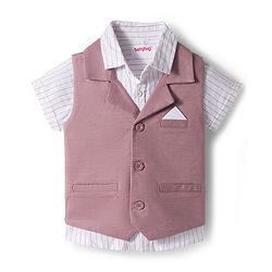 Babyhug Cotton Woven Half Sleeves Solid Color Front-Button Shirt Jacket & Shorts Set - Pink & White