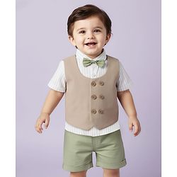 Babyhug Cotton Woven Half Sleeves Striped Shirt & Shorts Set with Jacket & Bow - Beige & Light Green