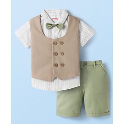 Babyhug Cotton Woven Half Sleeves Striped Shirt & Shorts Set with Jacket & Bow - Beige & Light Green