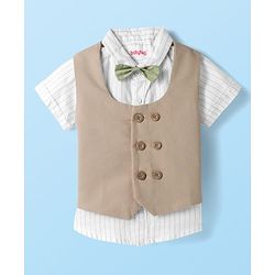 Babyhug Cotton Woven Half Sleeves Striped Shirt & Shorts Set with Jacket & Bow - Beige & Light Green