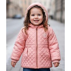 Babyhug Woven Full Sleeves Solid Color Hooded Quilted Jacket - Pink