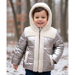 Babyhug Knit Full Sleeves Solid Hooded Padded Jacket With Fur Detailing - Silver
