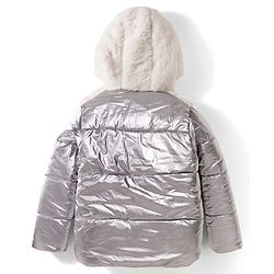 Babyhug Knit Full Sleeves Solid Hooded Padded Jacket With Fur Detailing - Silver