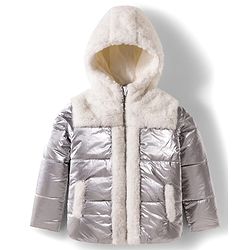 Babyhug Knit Full Sleeves Solid Hooded Padded Jacket With Fur Detailing - Silver