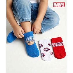 Cute Walk by Babyhug Marvel Knit Ankle Length Socks With Captain America Graphics Pack Of 3 - White Red & Blue