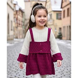 Babyhug Knit Full Sleeves Woollen Dress with Cable Knit Design - Wine & White