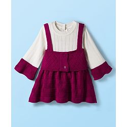 Babyhug Knit Full Sleeves Woollen Dress with Cable Knit Design - Wine & White
