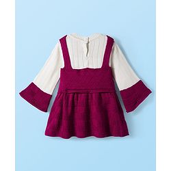 Babyhug Knit Full Sleeves Woollen Dress with Cable Knit Design - Wine & White
