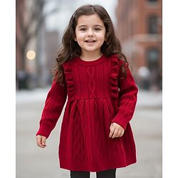 Babyhug Knitted Full Sleeves Woollen Dress With Cable Knit Design - Maroon